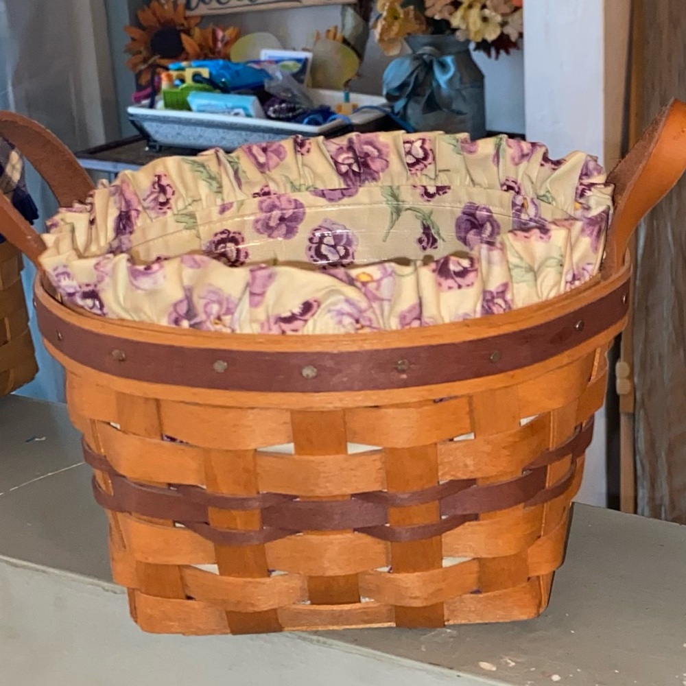 Longaberger Woven Basket with Purple Floral Liner
